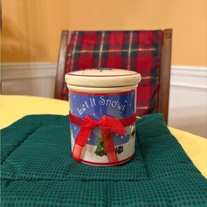 “Let it Snow” Ceramic Canister with Lid. Blue & White with a Red Ribbon. Used
